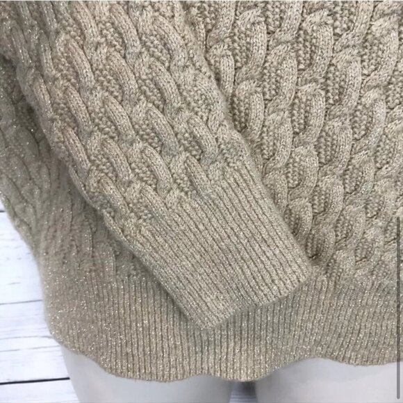 Lands End Metallic Cable Knit V-Neck Sweater Women’s M Gold Long Sleeve Pullover - Picture 5 of 7